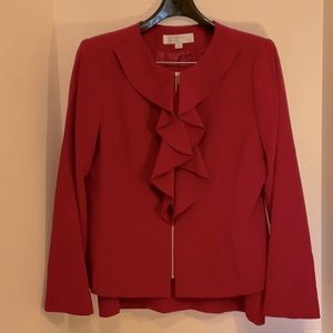 Tahari NWOT burgundy 2 pc ruffle zip blazer & pencil skirt suit